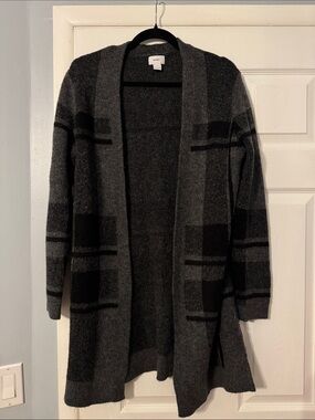 Charcoal and Black Plaid Open-Front Cardigan